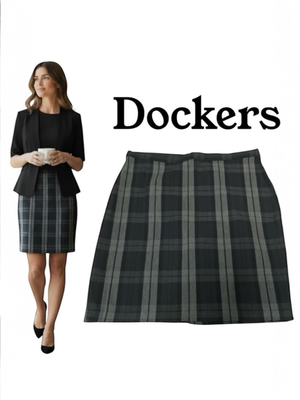 Dockers 30” waist Plaid Black Heather Gray Stretch Pencil Skirt Women’s 10P NWT